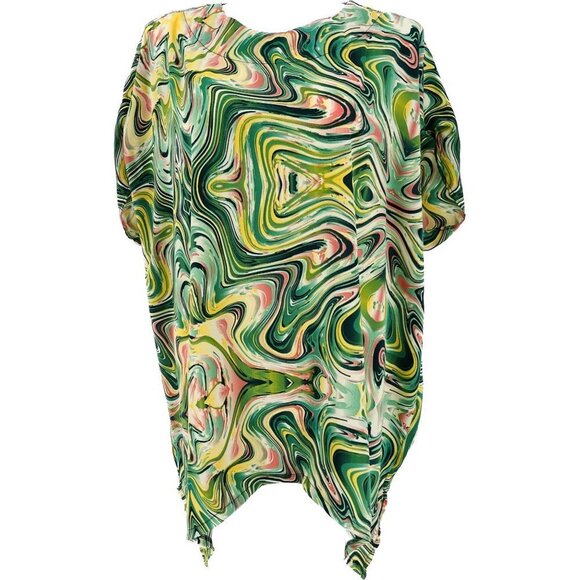 UMGEE U.S.A. Bat-Wing Shift Dress Size S/M  Green & Yellow Marble Swirl Kaftan - Picture 1 of 10